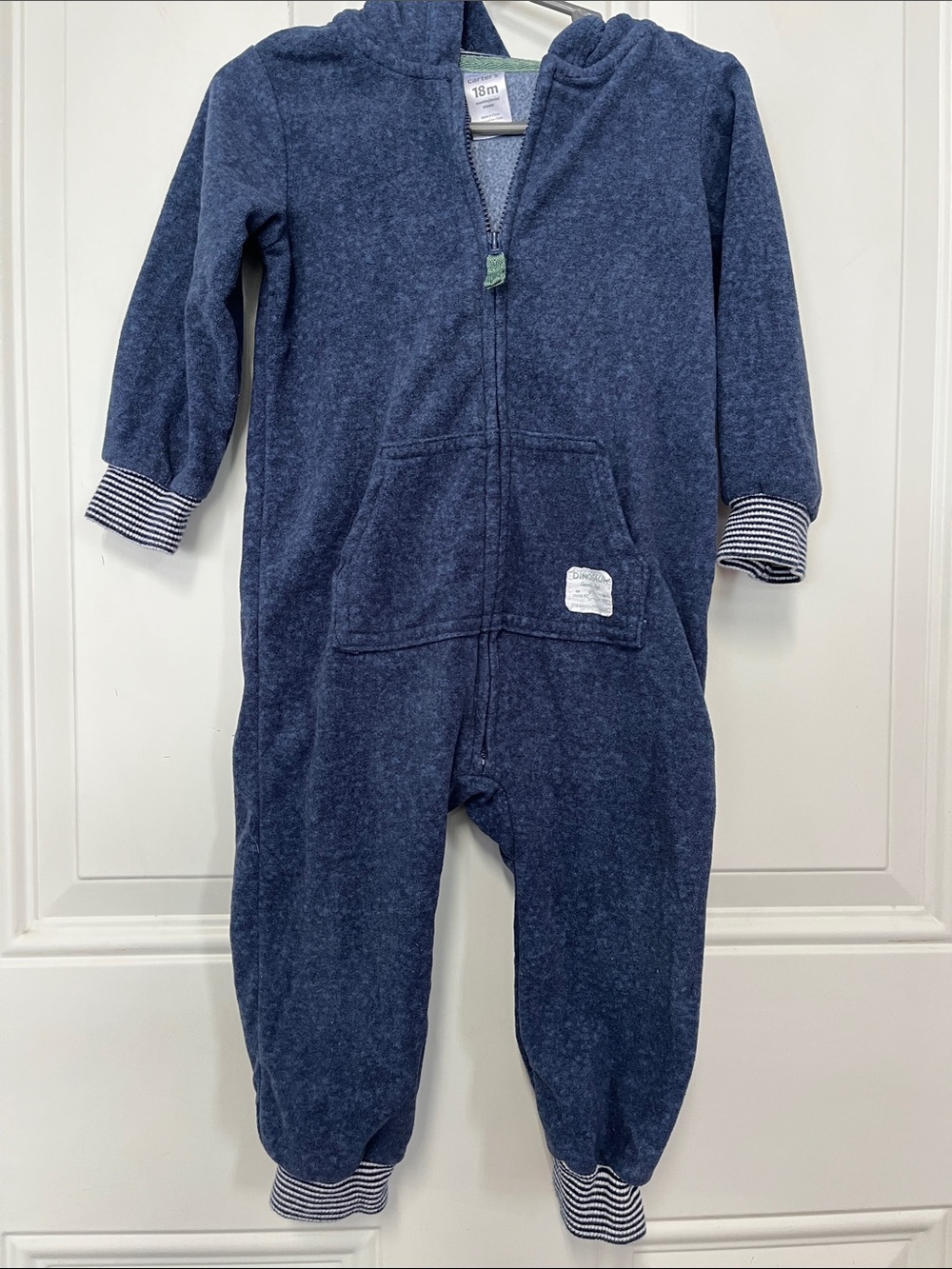 Carter's Navy Hooded One-Piece Footie with Stripe Cuffs